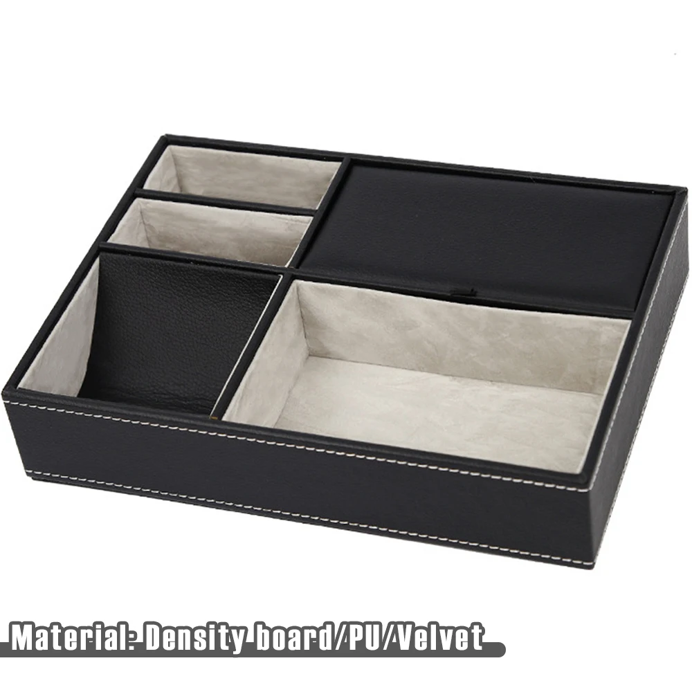 Faux Leather Men's Valet Tray Office Desktop Storage Box with 5 Compartments Multifunctional Bedside Table Organizer for Desktop