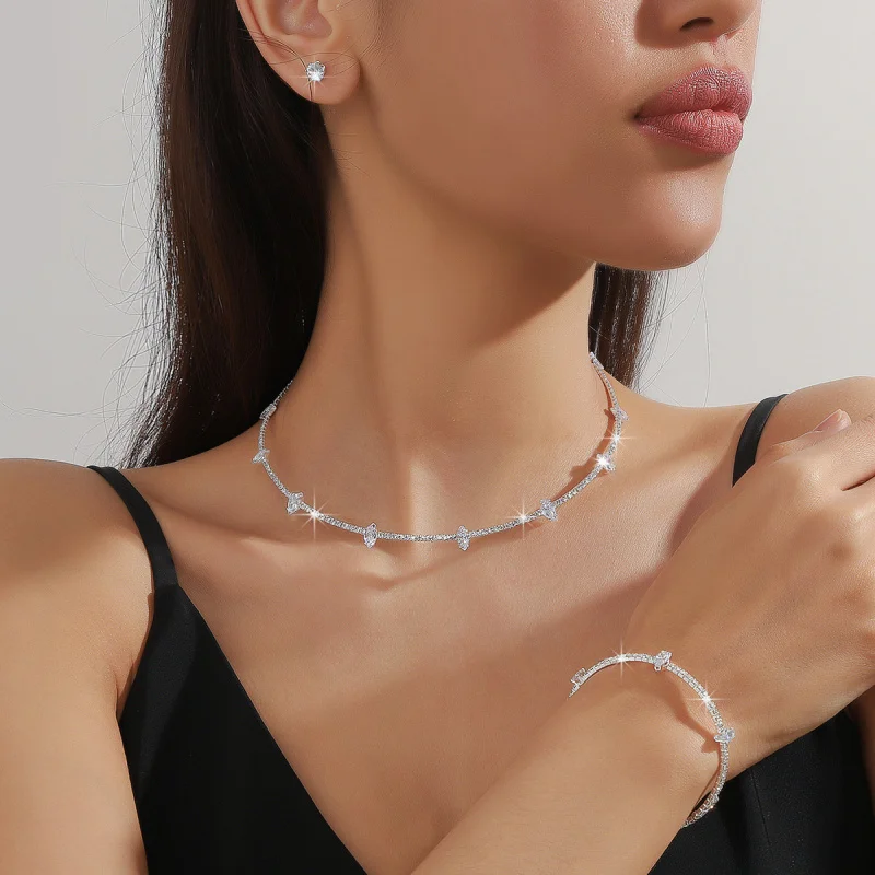 

European and American Fashion Minimalist Geometric Zircon Rhinestone Bundle Necklace Bracelet Earrings Three-Piece Suit Claw Cha