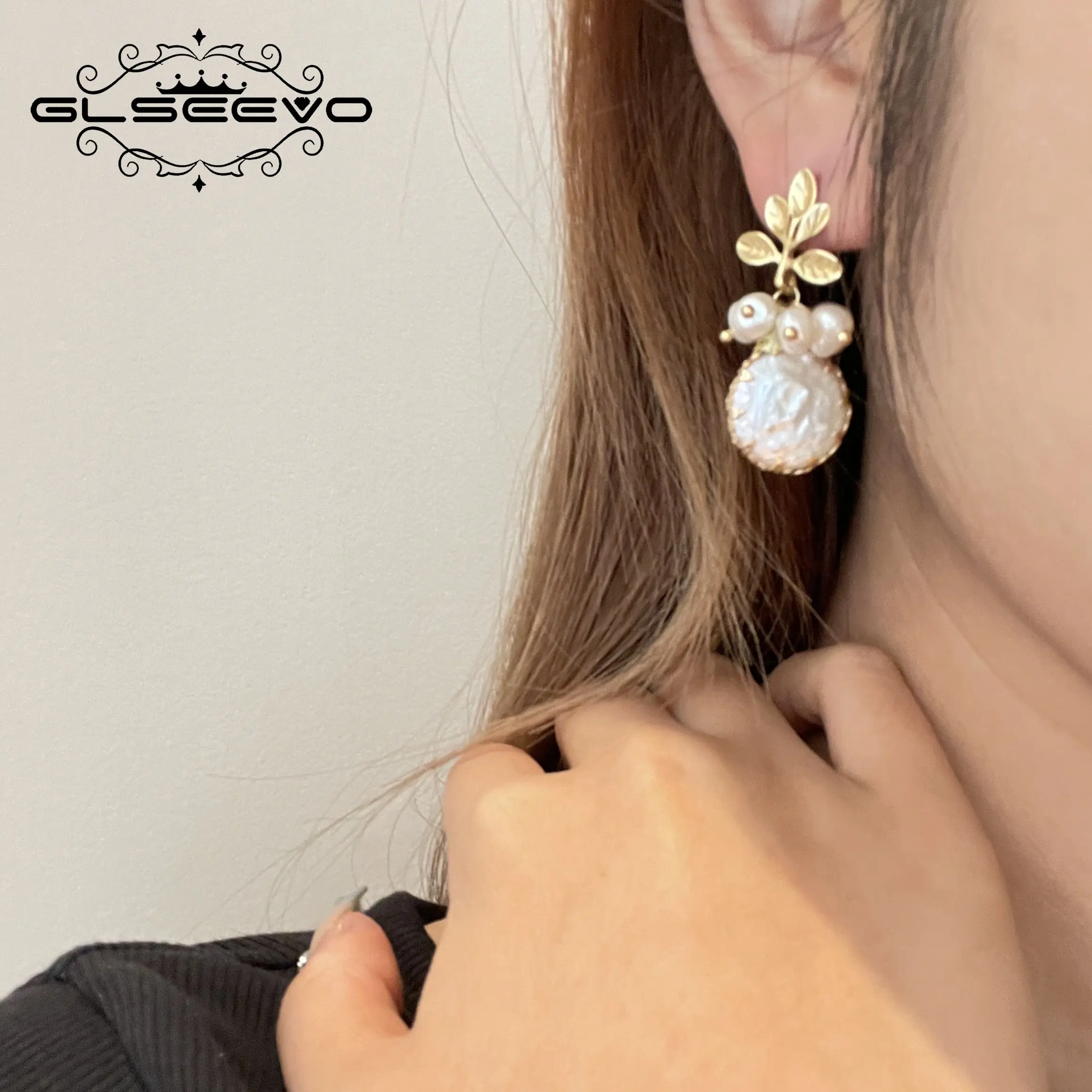 GLSEEVO Natural Fresh Water Big Baroque Pearl Earrings Women Plant Leaves Dangle Earrings Luxury Handmade Fine Jewelry GE0308