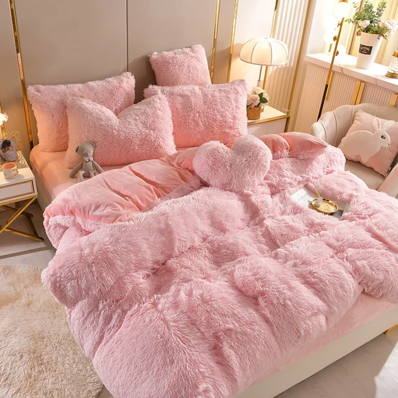 

Plush Pure Color Shaggy Warm Fleece Girl Bedding Set Mink Velvet For Home Single Double Duvet Cover Set Bed Sheet Pillowcases