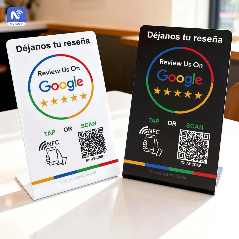 Spanish English QR code NFC Standing Sign Google review NFC215 Review Stand Click URL Unlimited Modification Editing QR Codes