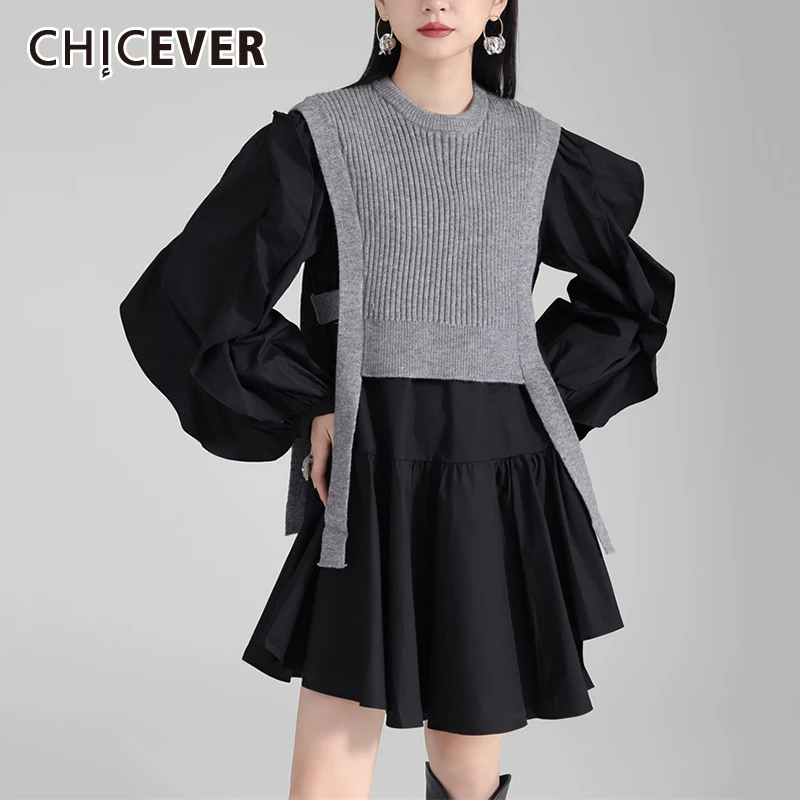 

CHICEVER Hit Color Комплекты из двух предметов Женский вязаный жилет с круглым вырезом и длинными рукавами с оборками Однотонное мини-платье Осенний женский костюм Новый