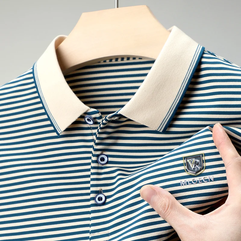 Polo informal de negocios para hombre, camisa de manga corta, transpirable, versátil, a la moda, solapa de escudo, a rayas, Top, tendencia de verano