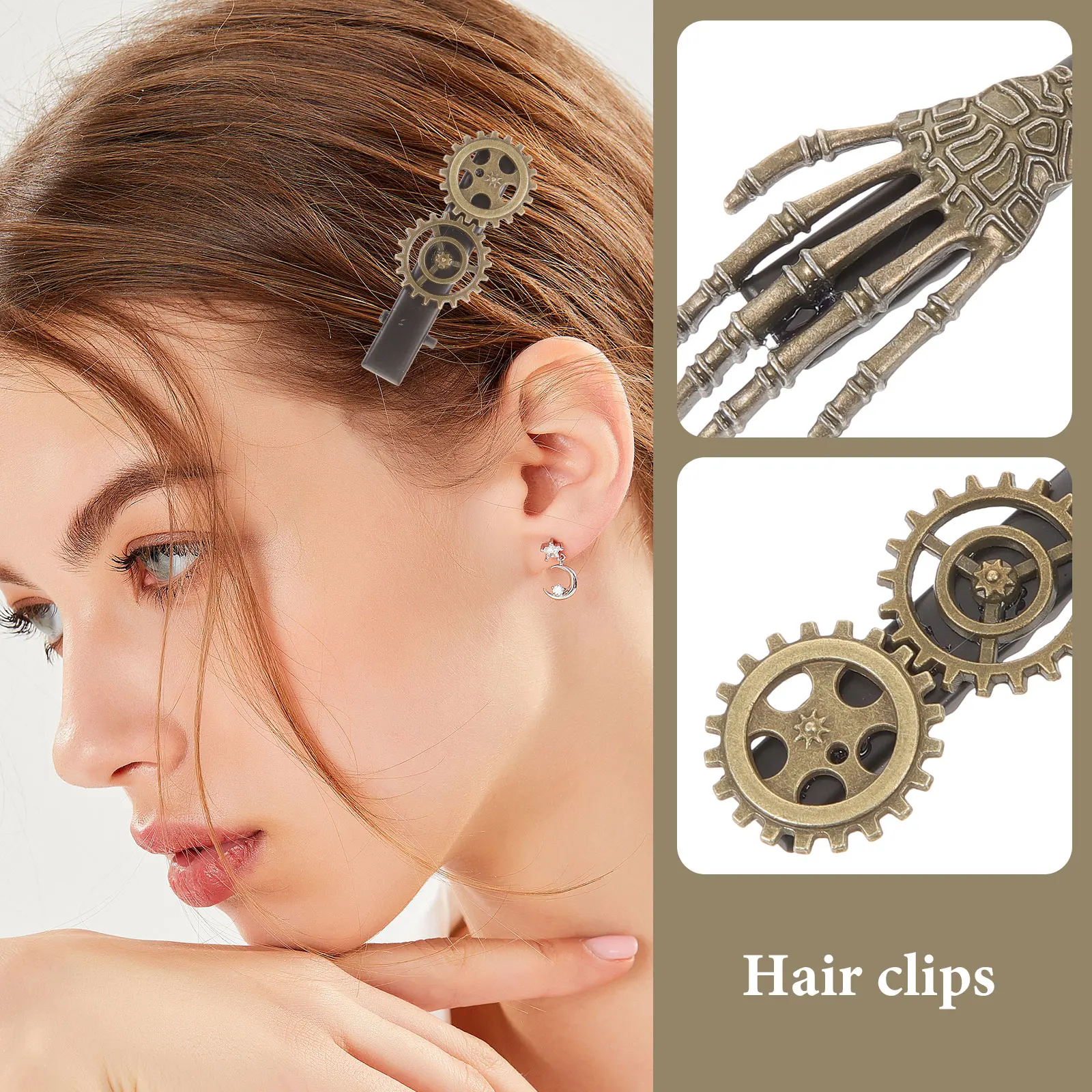 

2Pcs Retro Hair Clips Steampunk Skull Gear Gothic Hairpins Halloween Party Hair Accessories for Women