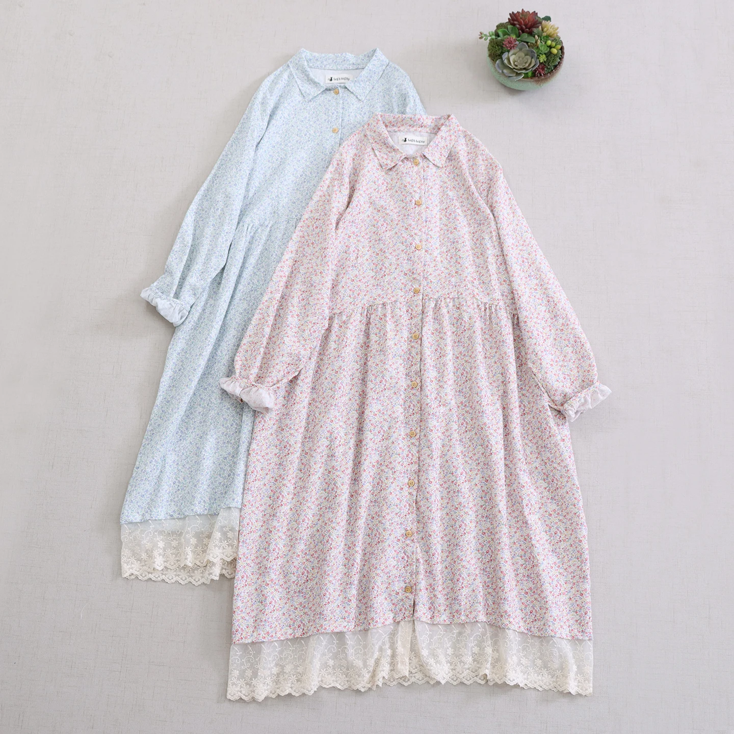 اليابانية الحلو موري فتاة الأزهار المطبوعة الدانتيل المرقعة واحدة الصدر قميص فستان المرأة رفض طوق كم طويل فستان ميدي #1