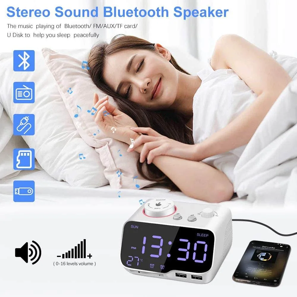 M9 Alarm Clock Music Bluetooth Speaker Snooze Digital FM Radio Table Alarm 1A+2A Clock USB Charger TF Player for iPhone Android