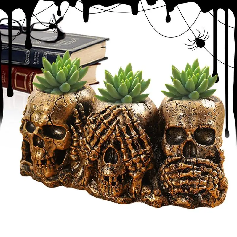 Resin Skulls Halloween Decor Gothic Planter Haunted Houses Indoor Home Office Decor Creative Flower Pot hallowen Candy Bowl