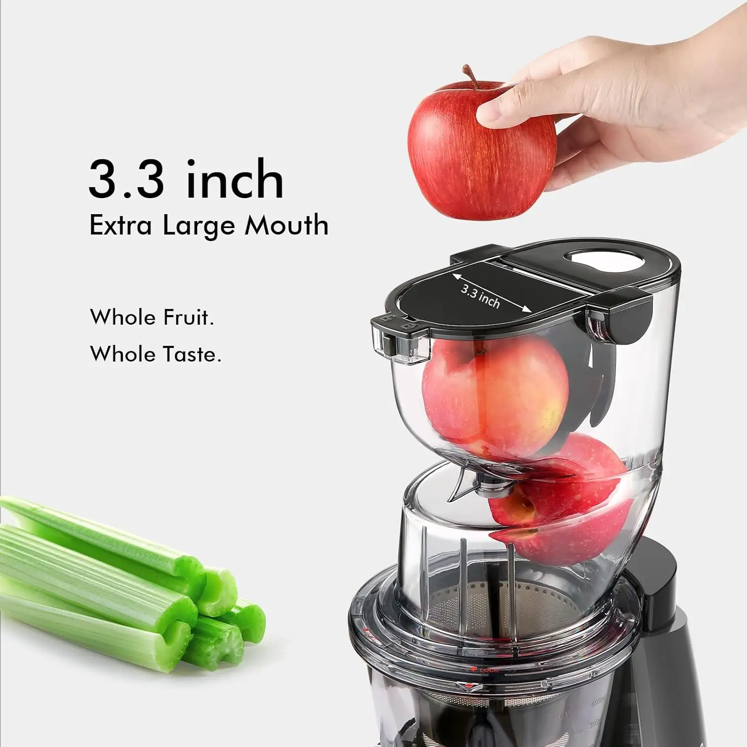Masticating Cold Press Juicer for Produce, 70mm Feed Chute, 54 RPM, Gray - Includes 800ml Juice Cup & 800ml Pulp Cup, Reverse Fu