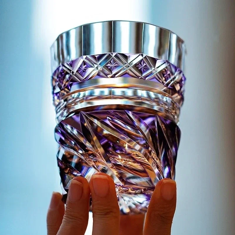 Japan Hand Carve Edo Kiriko Violet Crystal Water Drinking Glass Whiskey Snifter Brandy Cup Whisky Liquor Glasses Wooden Gift Box
