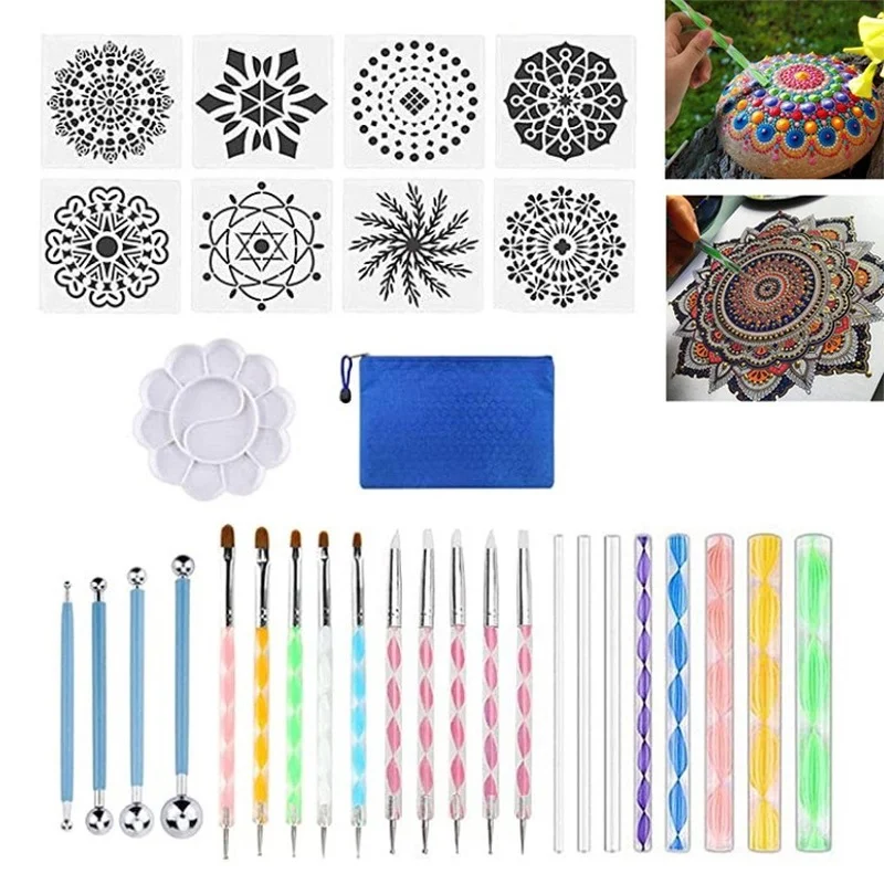 

Mandala Dotting Tools for Rock Painting 32pcs/set Mandala Art Tool Include Acrylic Rods& Dotting Pen&Stencil&Paint Tray&Brushes