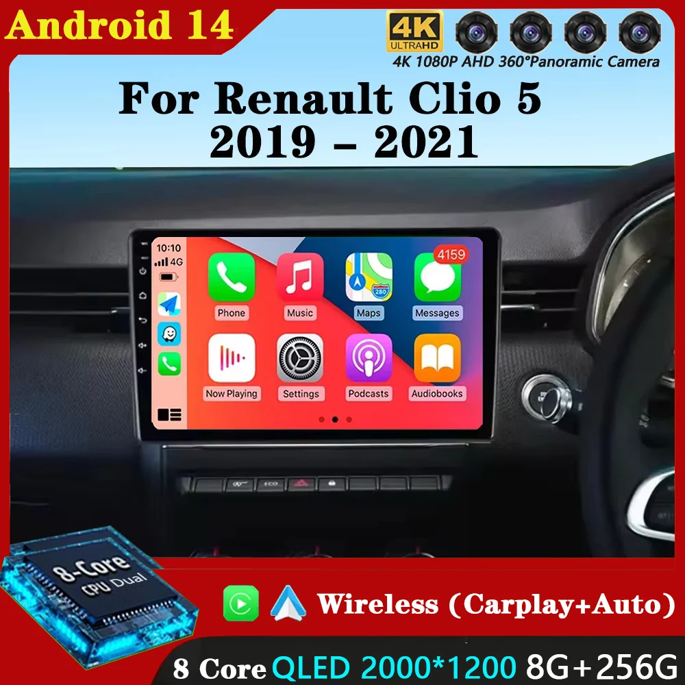 For Renault Clio 5 Lutecia 2019 - 2021 Android 14 Auto Car Radio Multimedia Video Player GPS Navigation Carplay Wifi 360 Camera