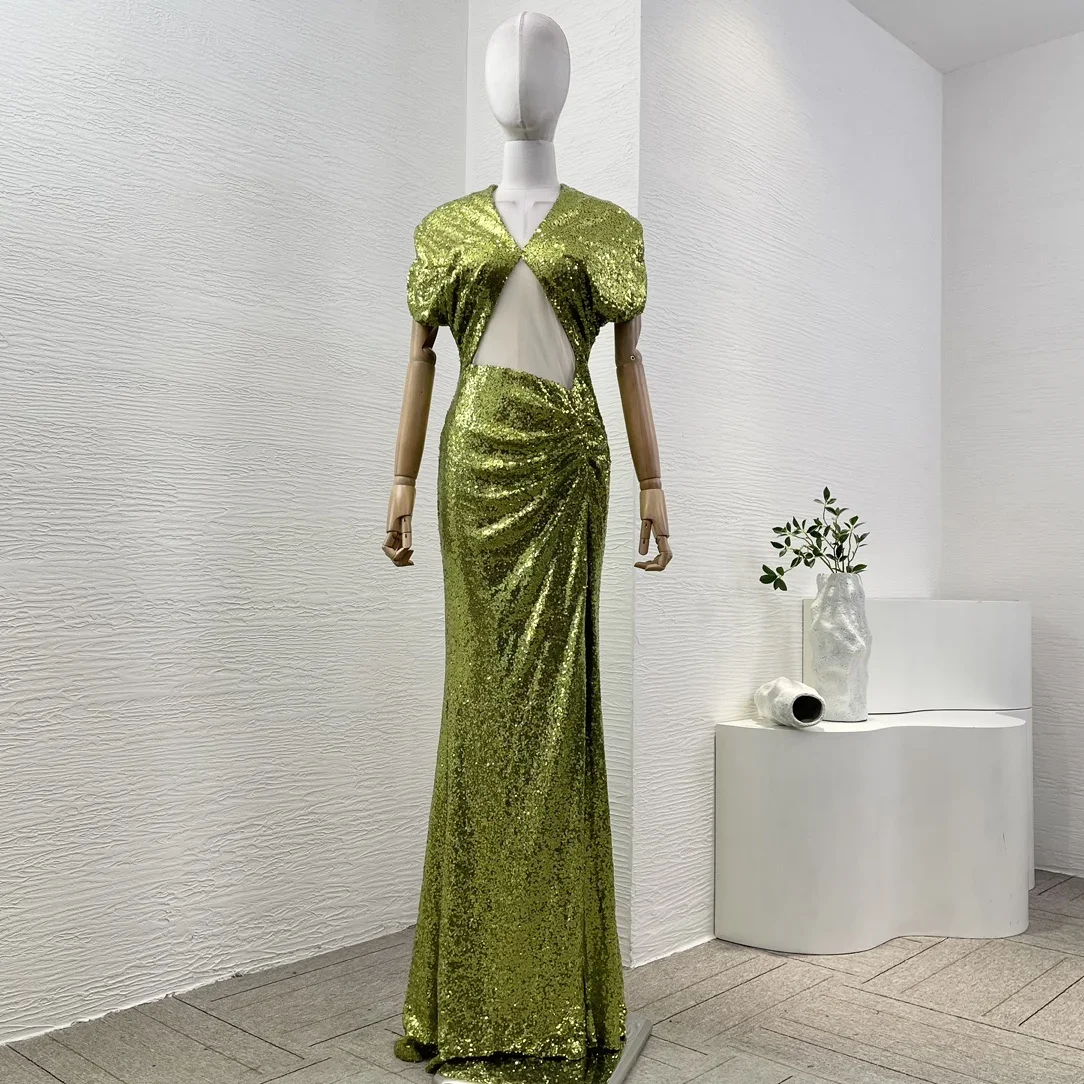 2024 New Sexy Green Sequined Elegant Fashion High Quality Cut Out Long Sleeve Side Slit Backless Maxi Dress for Ladies