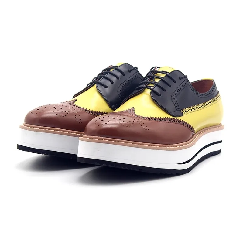 Spring new contrast color carved muffin sole Brock Derby shoes lace-up cowhide thick sole large size small size men's shoes