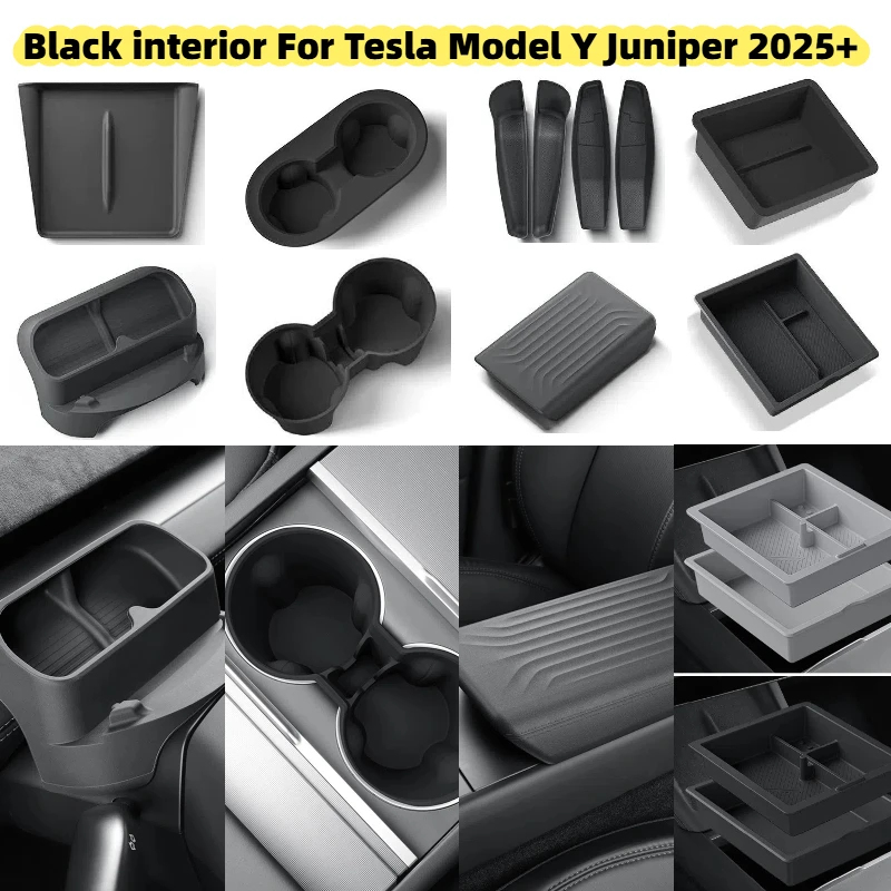 For Tesla Model Y Juniper 2025+ Black Interior Decor Central Control Storage Box Panel Sticker Glasses Case Door Storage Tray