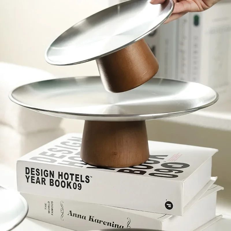 Stainless Steel Tall Fruit Plate Dessert Plate Snack Nut Storage Tray Wooden Base Living Room Candy Plate Home Table Decoration