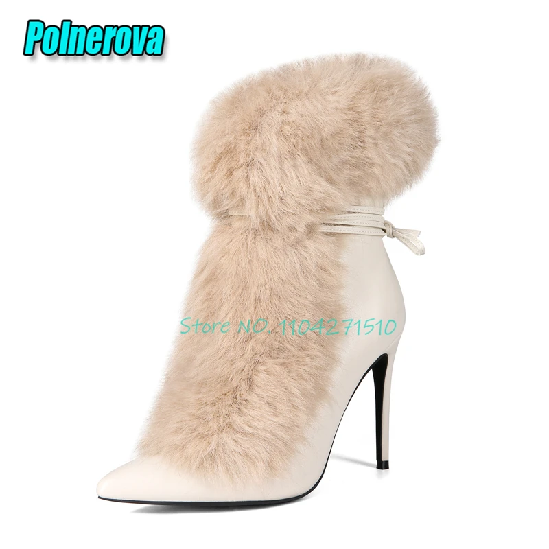 Plush Fur Pointed Toe Mid Calf Boots Sexy Solid Ankle Strap Lace-Up Stiletto Short Boots Autumn Winter Banquet Party Dress Shoes