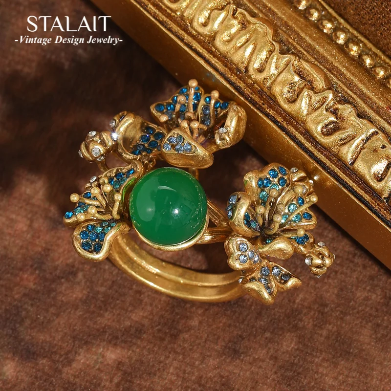 

Vintage Green Agate Tree Leaf Rings Gold Color Rhinestone Cocktail Designer Jewelry Luxury High Quality Accessories Woman 2025