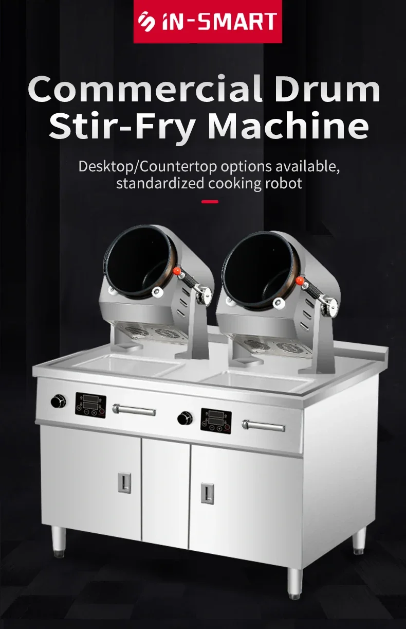 In-Smart commercial automatic cooking machine double 2 head burner pot drum stir fry electric robot fryer kitchen wok with sink