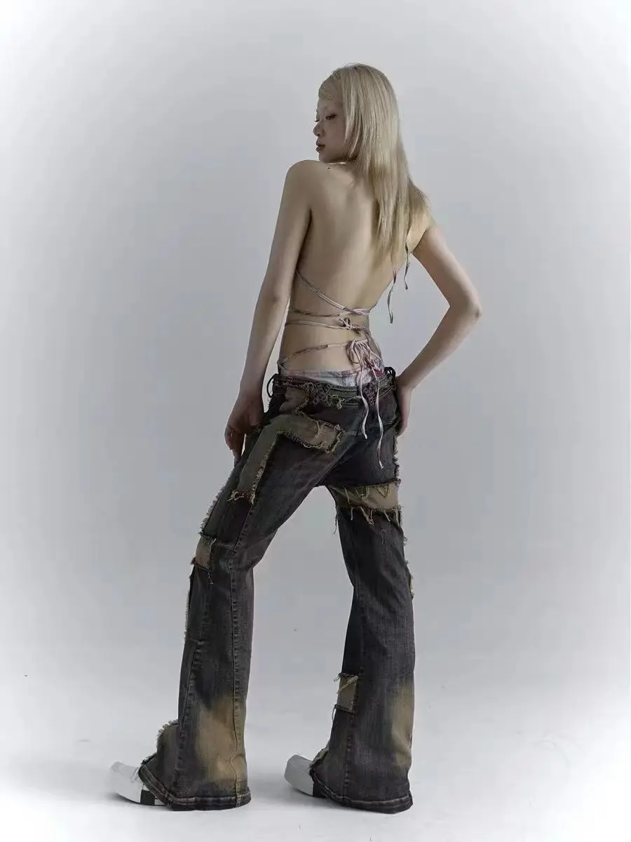 Flare Jeans Rough Edges High Waist Grunge Aesthetics Distressed Jeans Vintage Patchwork Wasteland Punk Do-Old Denim Pants Gothic