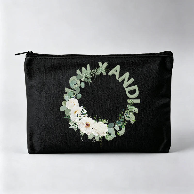 Floral Wreath and Letter Print Makeup Bag, Zipper Cosmetic Pouch for Daily Use
