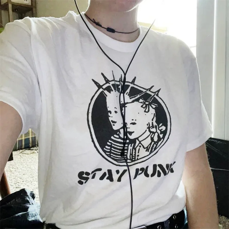 2023 Summer Stay Punk Graphic Tees White Cotton Loose Short Sleeve Punk Lover\'s T Shirts Unisex Street Fashion Funny Tops Tumblr