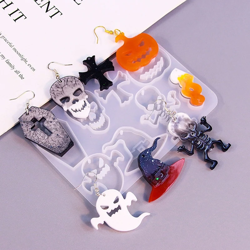 Diy Crystal Glue Dropping Mold Halloween Silicone Mold Spider Web Ghost Skull Pumpkin Earrings Pendant Hairpin Mold