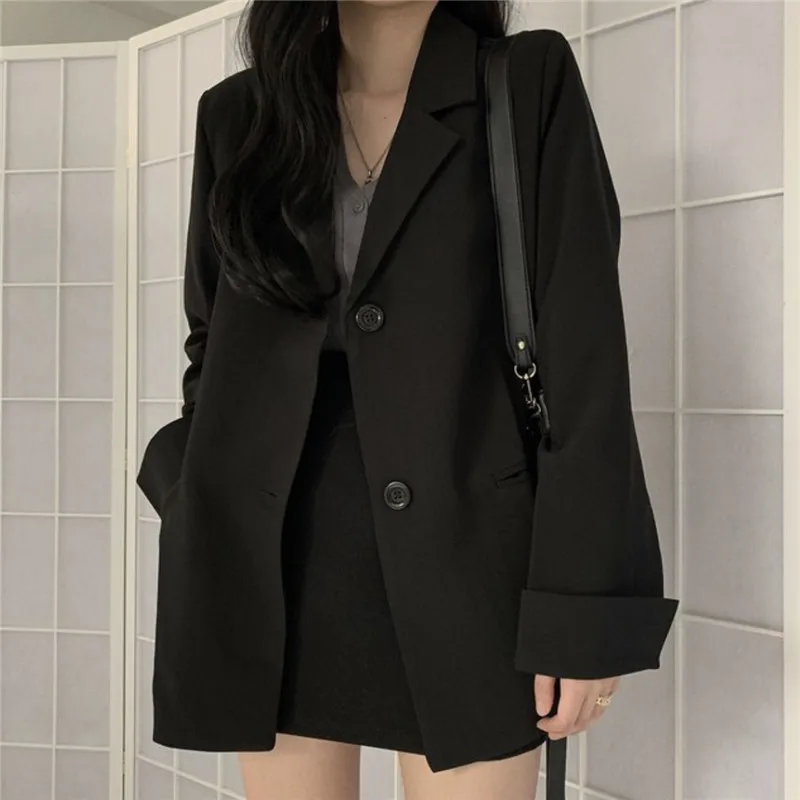 

Black suit women autumn and winter thin loose medium and long simple suit jacket blazer women