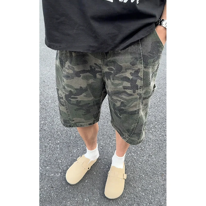 

Vintage Deconstructed Camouflage Men's orts Summer American High Street Trendy Five-Quarter Workwear Pants Straight Leg