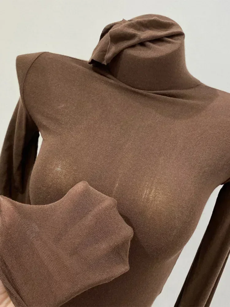 Turtleneck Slim Wysokiej jakości zwykła koszulka damska Bawełniane elastyczne podstawowe topy damskie Seksowna cienka koszulka z długim rękawem See Through