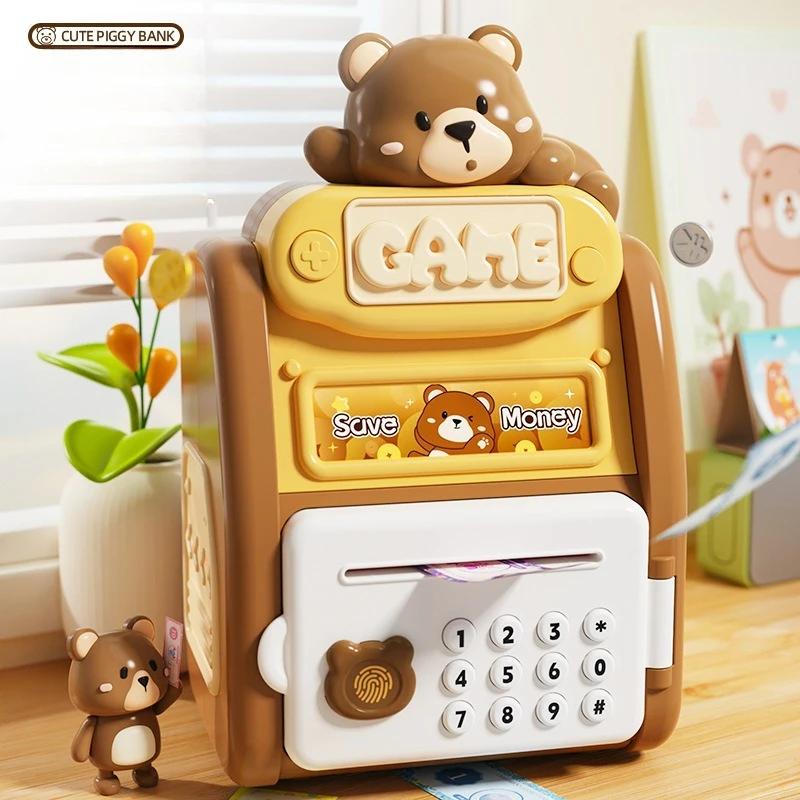 Cute Multifun Ctional Fingerprint Password Lock Intelligent Fully Automatic Coin Rolling Mechanism Suitable Piggy Bank for Kids
