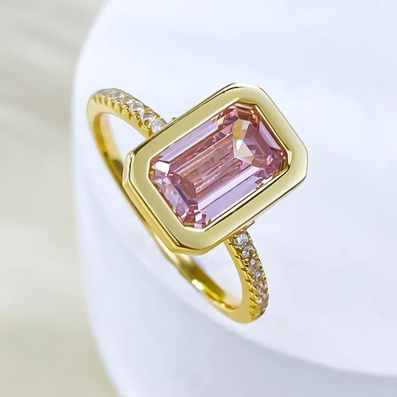 SpringQiaoer Solid 925 Sterling Silver 6*9MM Asscher Cut Pink Sapphire Wedding Engagement Ring 18K Gold Plated Fine Jewelry Gift