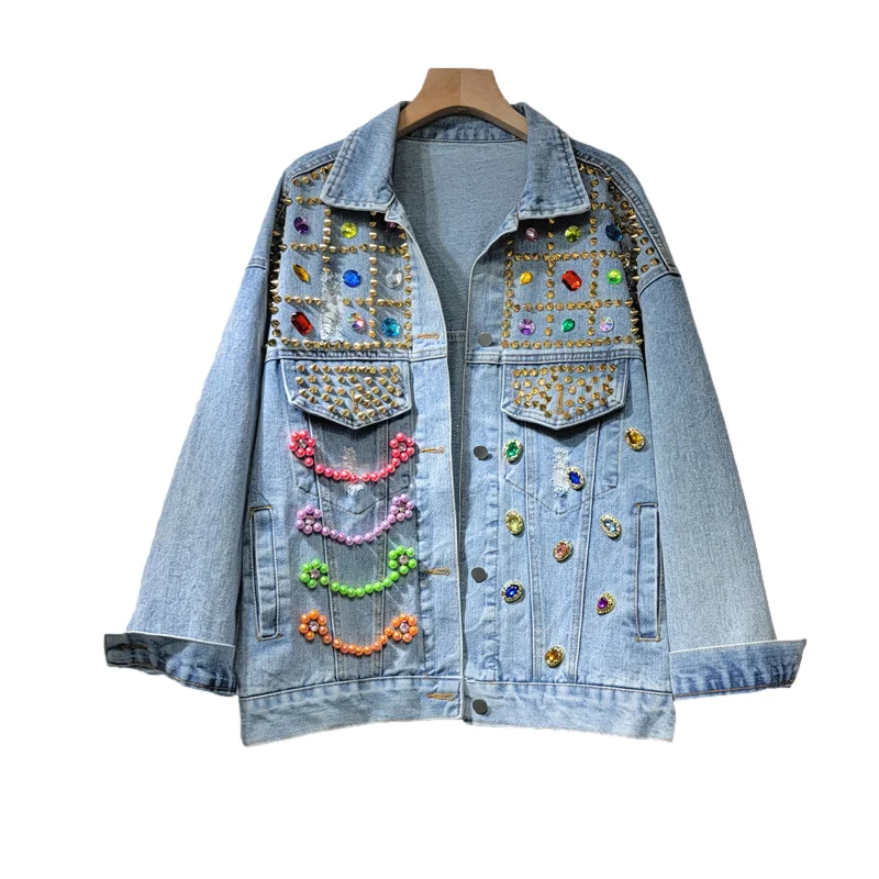 

Multicolour Rivet Beading Diamonds Denim Jacket Women Loose Short Cowboy Outerwear Vintage Holes Big Pocket Jeans Jacket Female