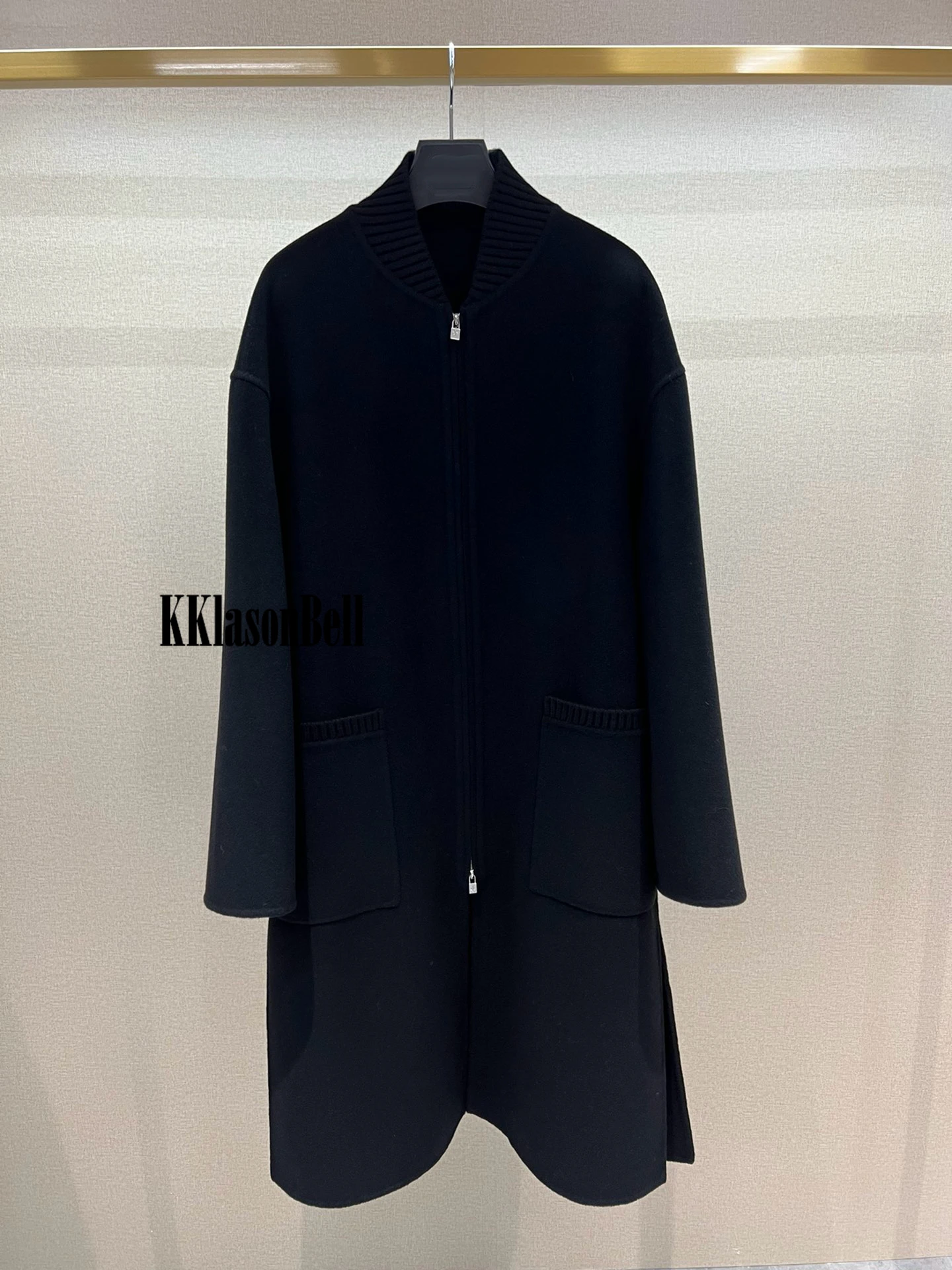 12.13 KKlasonBell Fashion Keep Warm Ribbed Stand Collar Loose Side Split Mid-Calf Cashmere Wool Coat Women