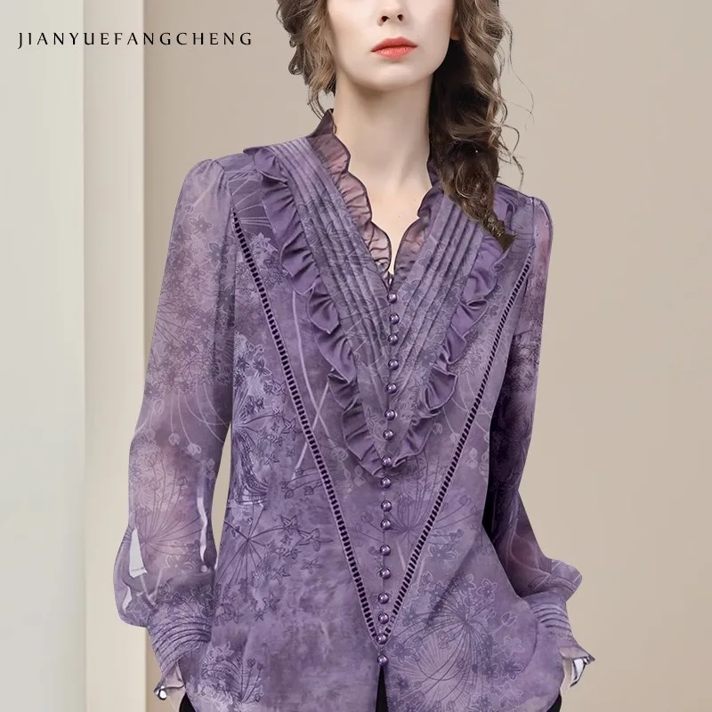 Camicetta stampata in chiffon leggero da donna alla moda Manica lunga Scollo a V Volant Top primavera estate Camicie casual larghe