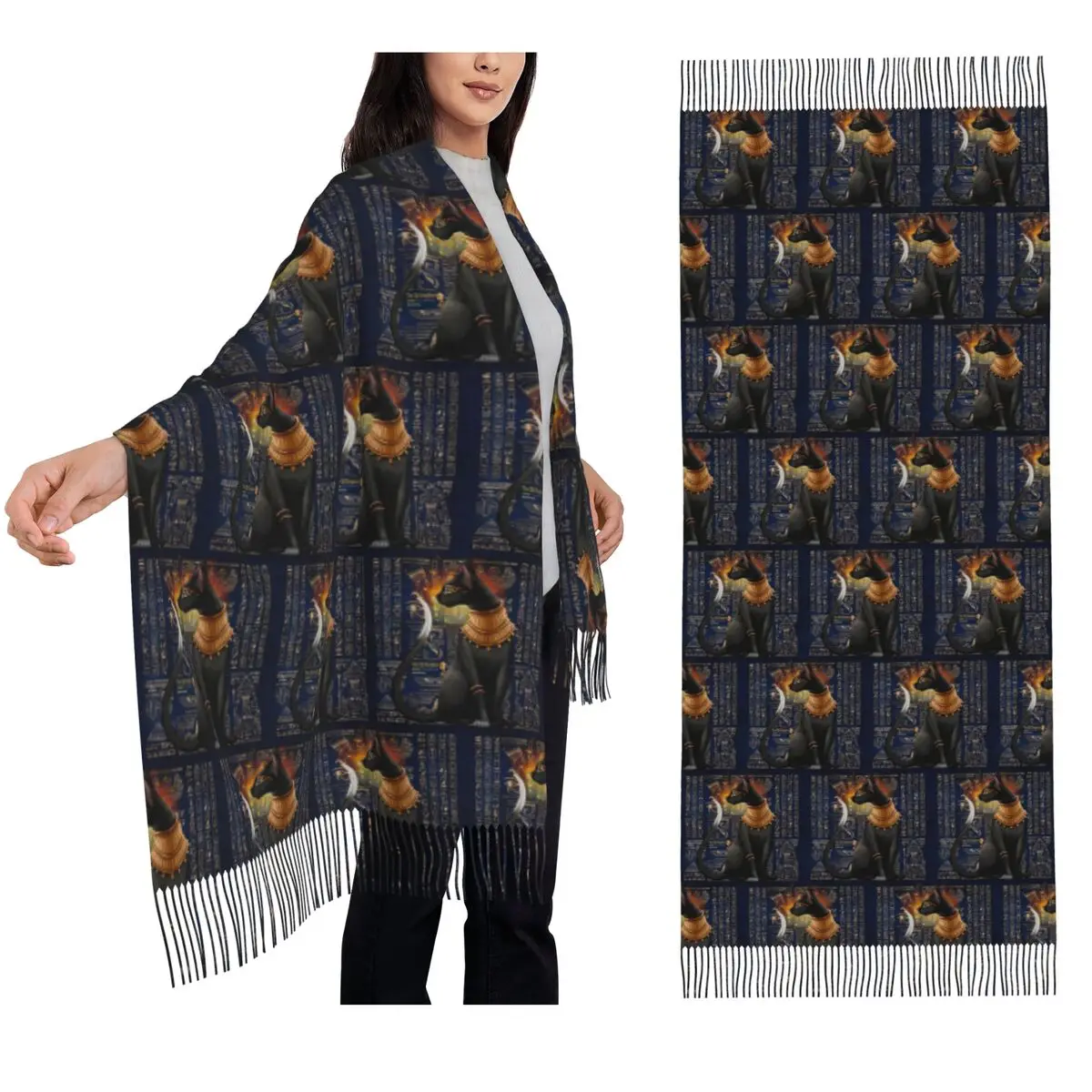 Vintage Egyptian Cat Goddess Bastet Scarf Tassel Scarves Women Soft Warm Shawls and Wraps Long Fall Winter Shawl Wrap
