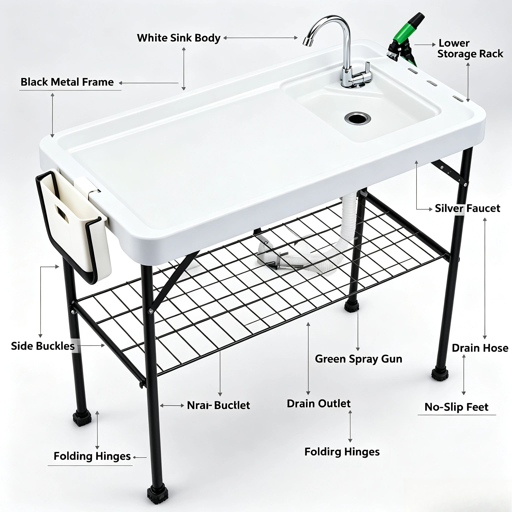 Plastic Folding Fish Cleaning Table with Single Sink, Outdoor Ice Table, Portable Wash & Gut Fish Station for Camping Seafood
