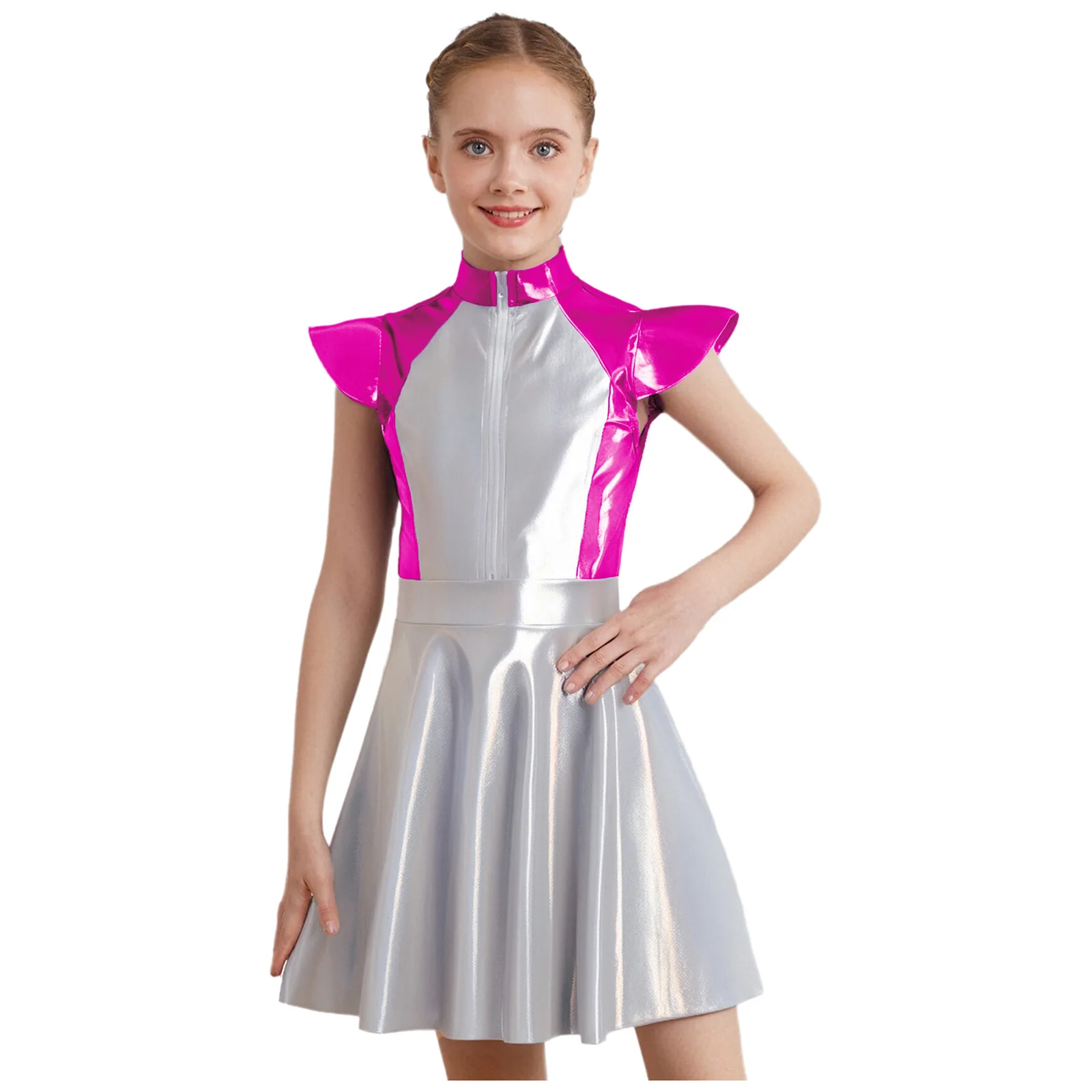 Kids Girls Alien Dress Halloween Cosplay Robot Costume Metallic Cap Sleeves High Waist A-line Dress Outer Space Cutie Costumes