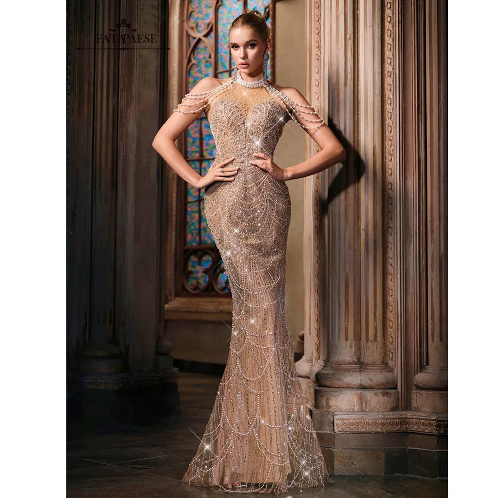 FATAPAESE Haute Couture Luxury Evening Dresses Pearls Chain Evening Gowns Chic Hatler Mermaid Prom Dresses Wedding Guest Dress