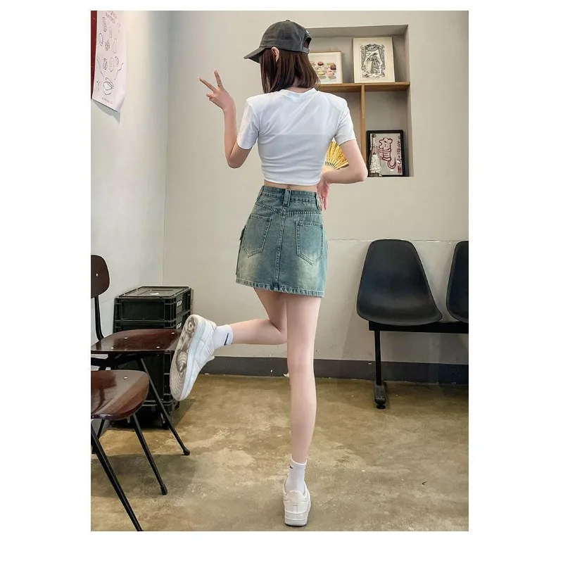 เครื่องมือ DENIM กระโปรงผู้หญิงกระโปรงสั้นรูปลูกแพร์ไขมันเล็กน้อยและบางเอว A-รูปฤดูร้อนเครื่องเทศขนาดเล็กสาวสะโพกกระโปรง