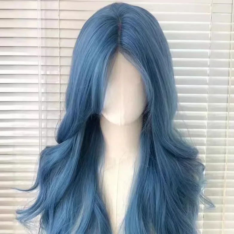 Summer New Blue Wig Women\'s Natural Internet Red Sweet Cool Spicy Girl Eight character bangs Big Wave JK Regular Style No lace