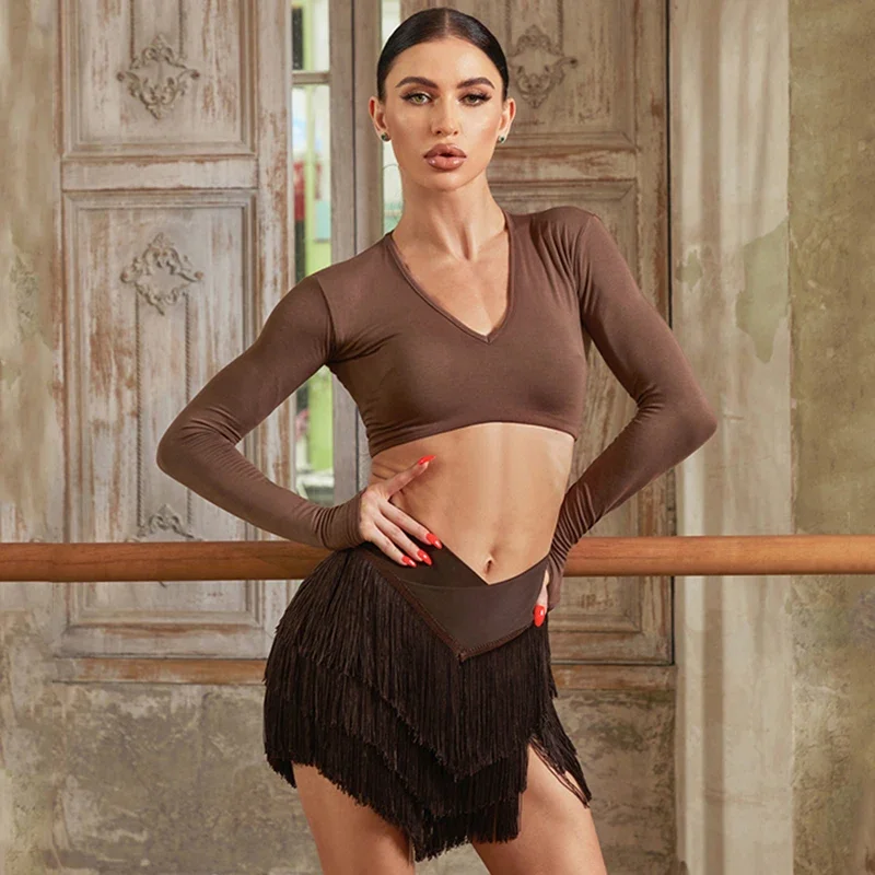

New Latin Dance Clothes Long Sleeves Backless Tops Fringe Skirt Women Cha Cha Rumba Samba Dance Training Practice Wear DNV21081