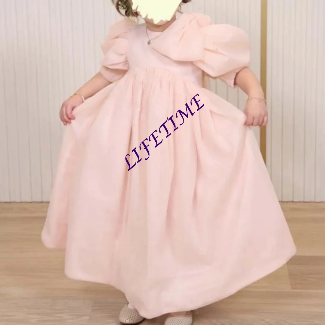 

Розовое платье принцессы с цветочным узором для девочек, высокая талия, рукавами-бабочками, длиной до щиколотки, платье для причастия с бантом, свадебное платье по индивидуальному заказу