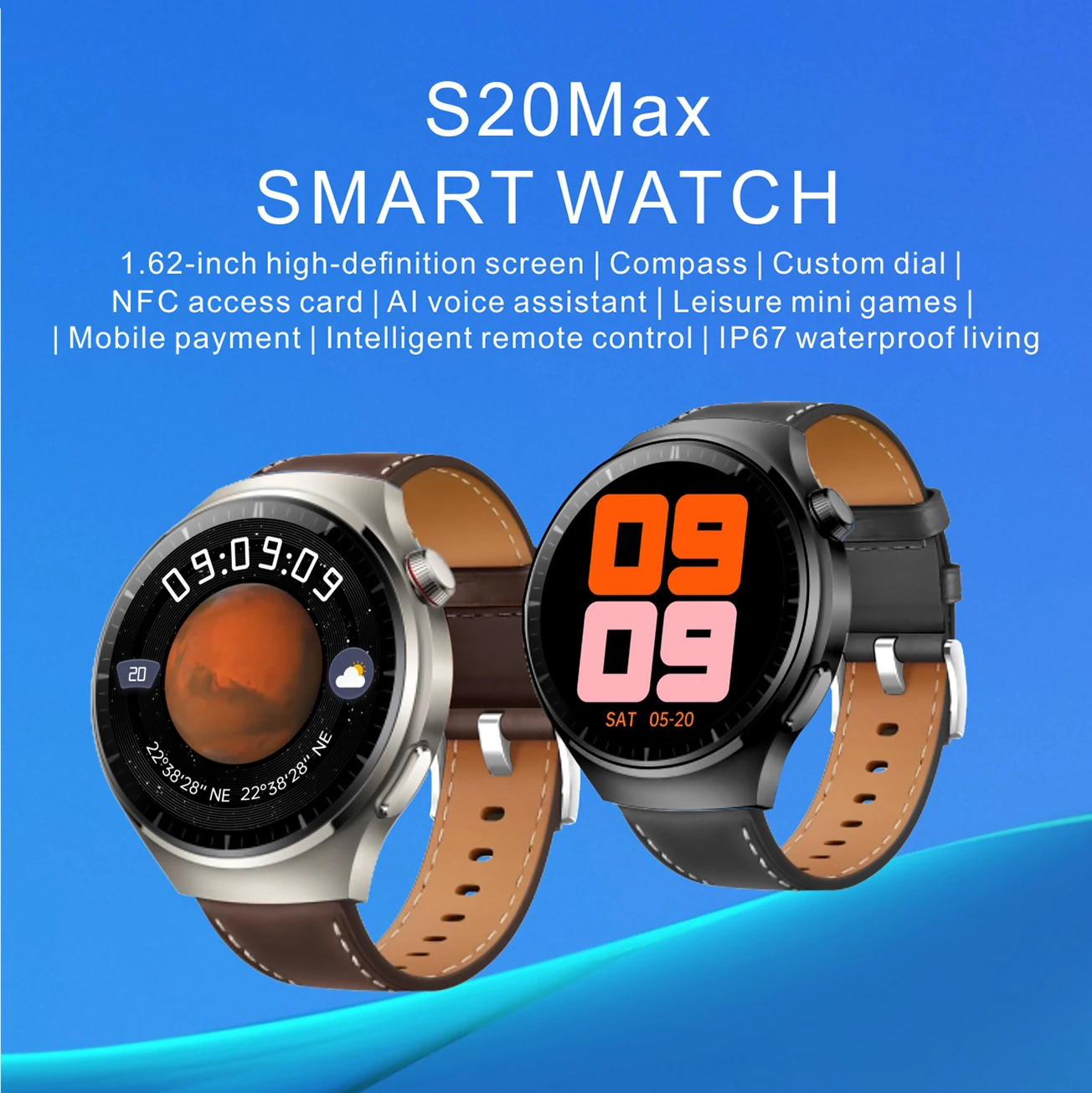 

New S20 MAX Men's Smartwatch, Bluetooth Calling, IP67 Water Resistant, Sports Tracking, Heart Rate Monitor, for Android and iOS