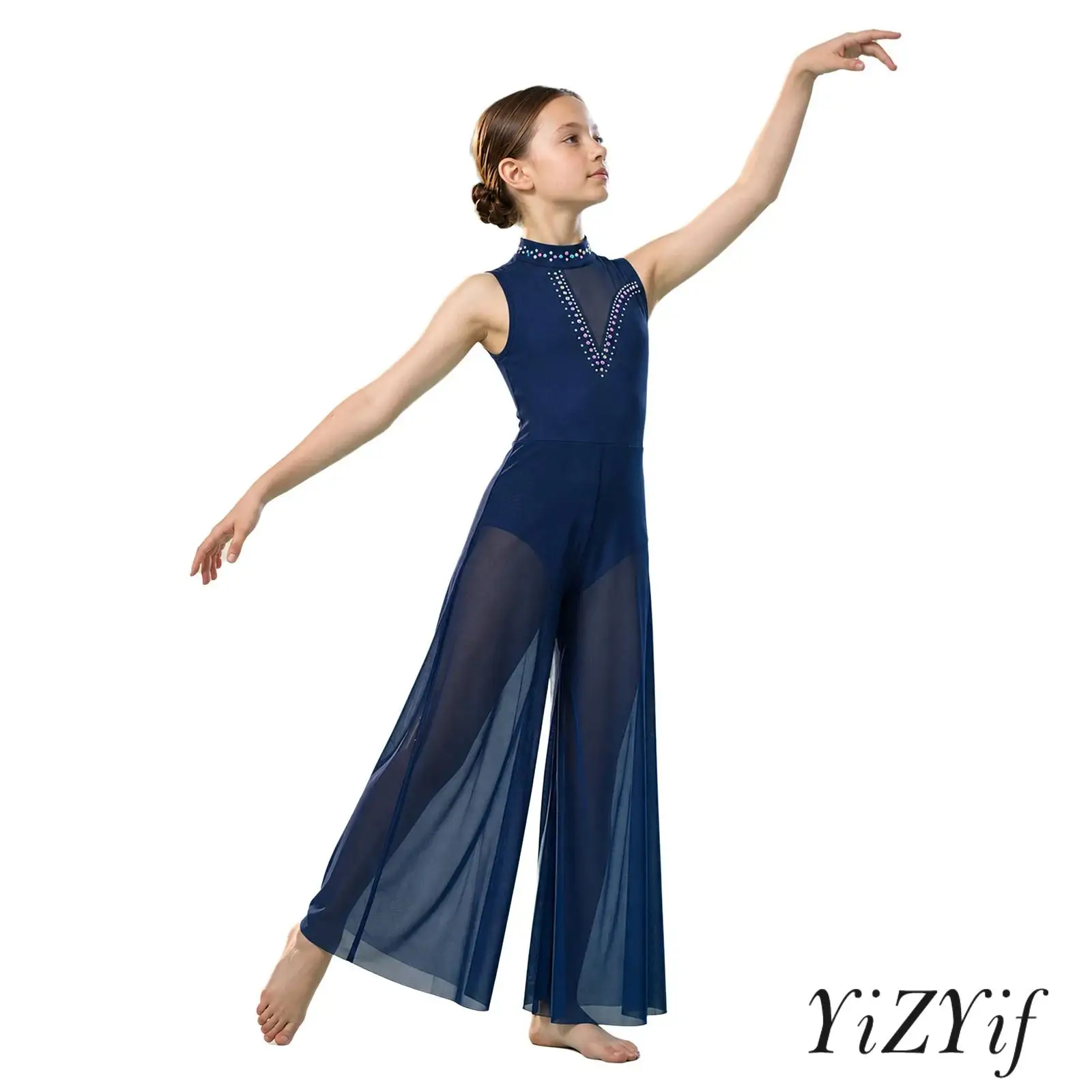 Children Girls Ballet Lyrical Dance Outfit Sleeveless Cutout Back Shiny Rhinestone Patchwork Mesh Bodysuit Gymnastics Jumpsuit