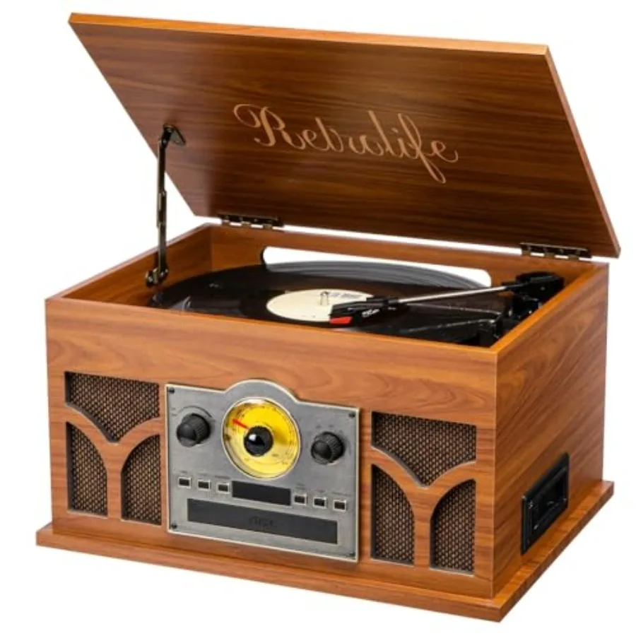 10-in-1 Record Player with Built-in Speakers Wireless Playback, CD and Cassette Player, USB Player, AM/FM Radio, 3 Speeds Turnt