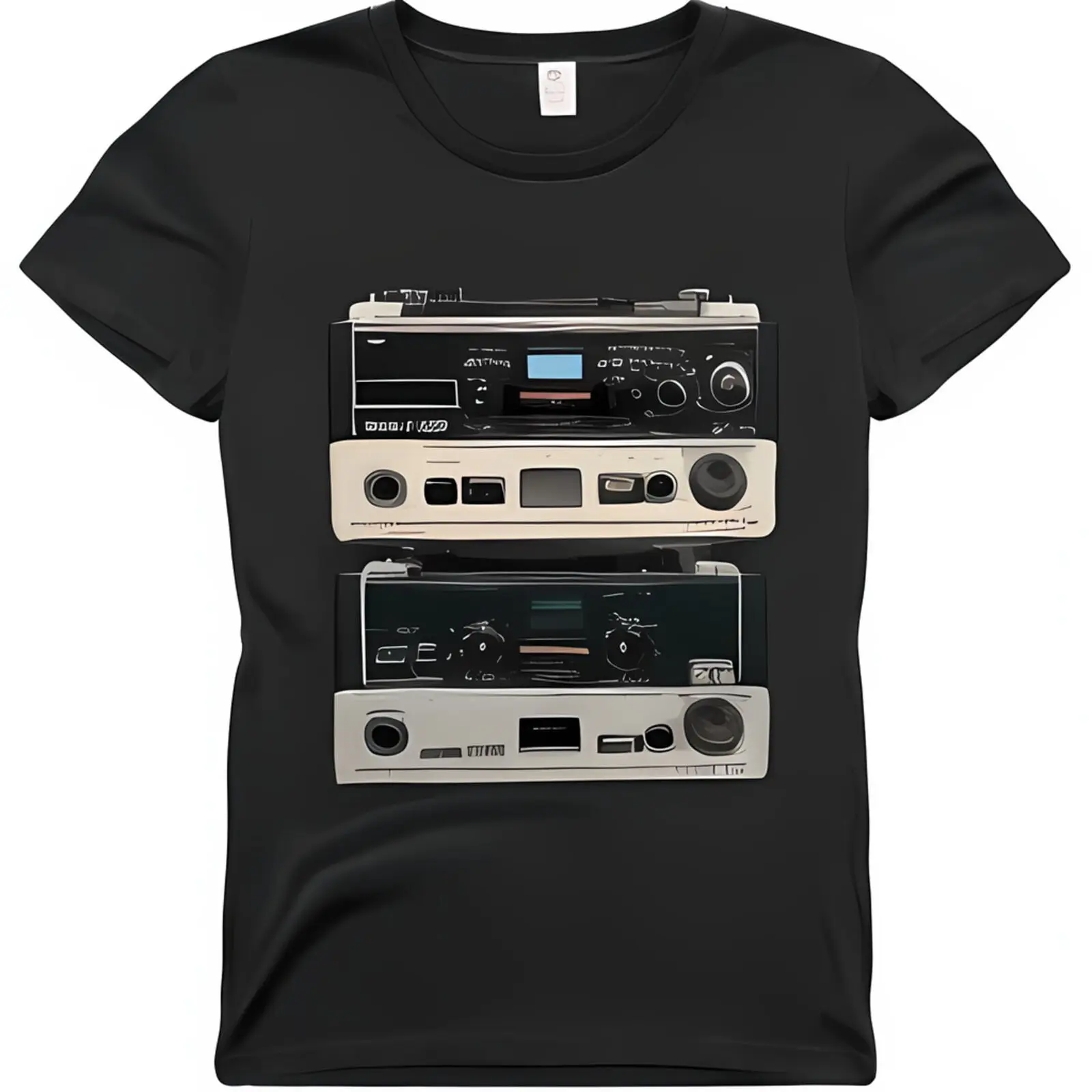 Vintage Tape Recorder and Cassette Player Stack Graphic Black T-Shirt