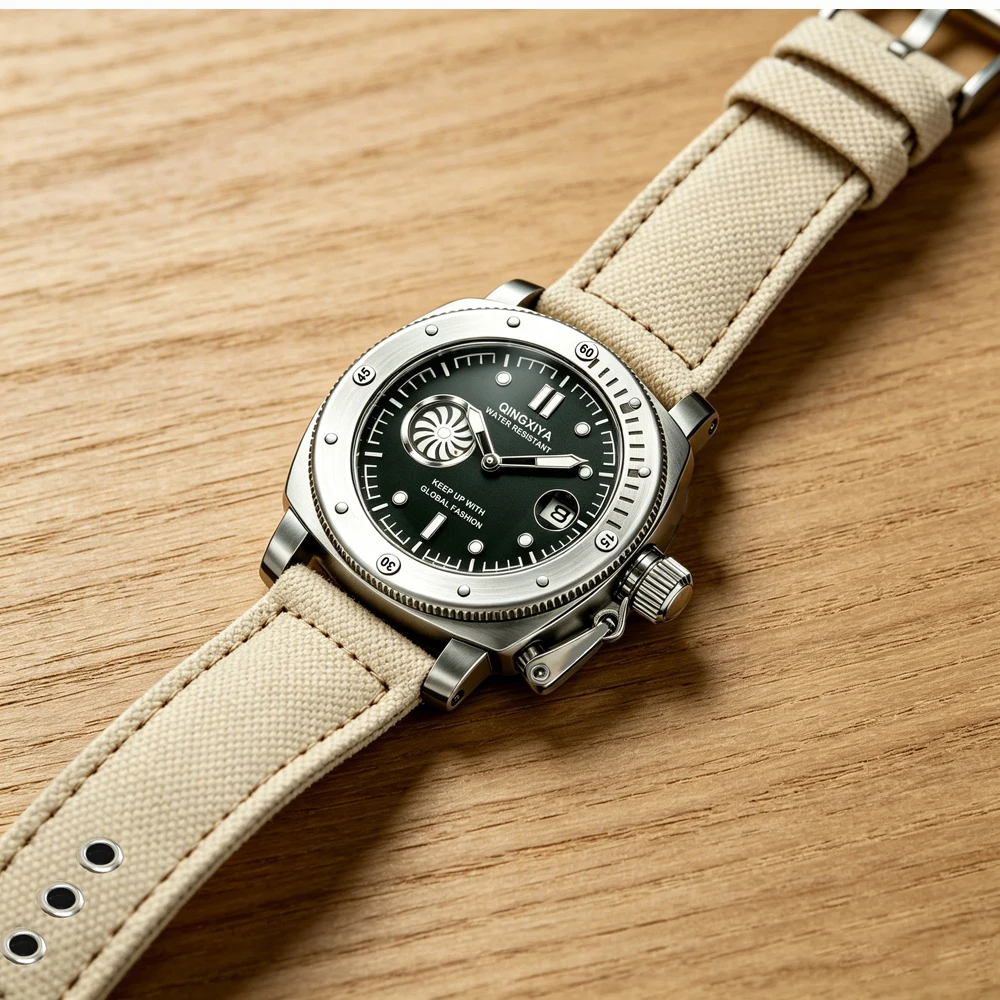 QINGXIYA Brandneue modische Quarzuhr mit zweitem Zifferblatt für Herren, hochwertiges Canvas-Armband, wasserdicht, Kalender, Sportuhren für Herren – Detail 5