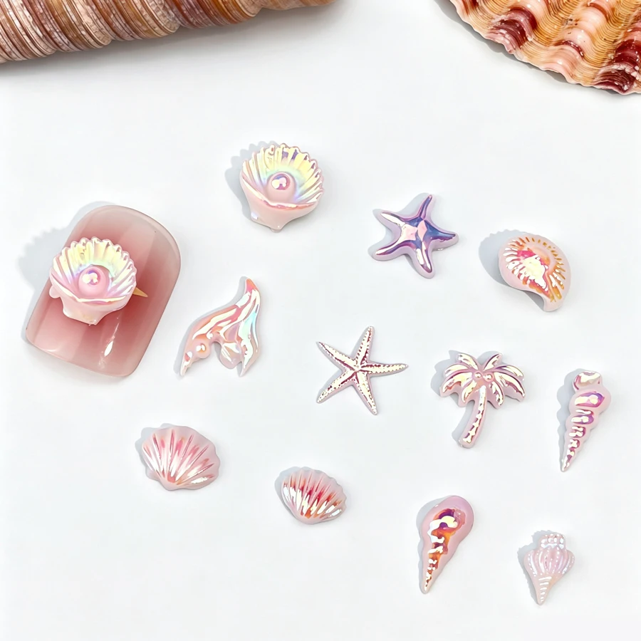 12-teiliges Nagelcharms-Set mit Ozean-Motiv, Aurora-Irisierend, 3D-Muschel-, Seestern- und Meerjungfrauen-Perlen, Nageldekorationen für die Maniküre – Detail 4