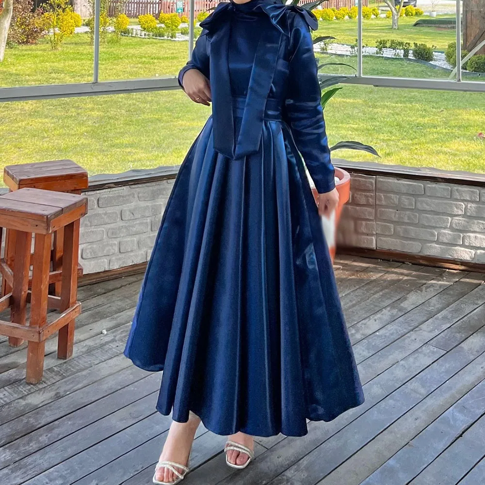 

Customized A-Line Prom Dresses Tea-Length High-Neck Full Sleeve Evening Gown Fashion Bow Simple Draped Casual party Gown