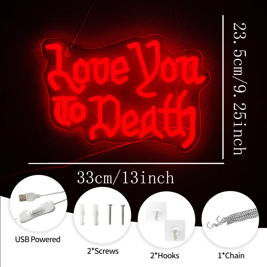 Love You to Death LED Neon Sign USB Powered Wall Neon Light, Gothic Wall Art Decoration Gift for Bar Game Room Halloween Party